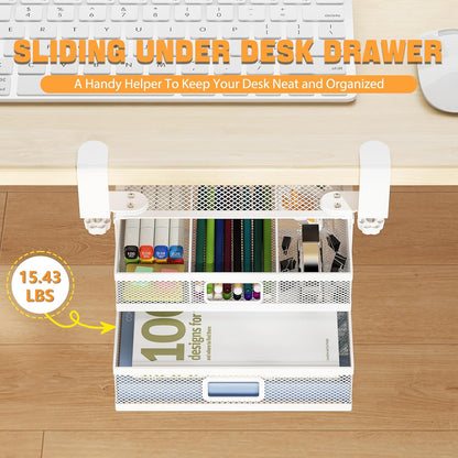Sliding Under Desk Drawer Organizer No Drilling 2 Drawers Slide Out Desktop Or Under Table Storage Metal Clamp On Desk Drawer Attachment Anti-Slip Desktop Organizer for Home & Office, White