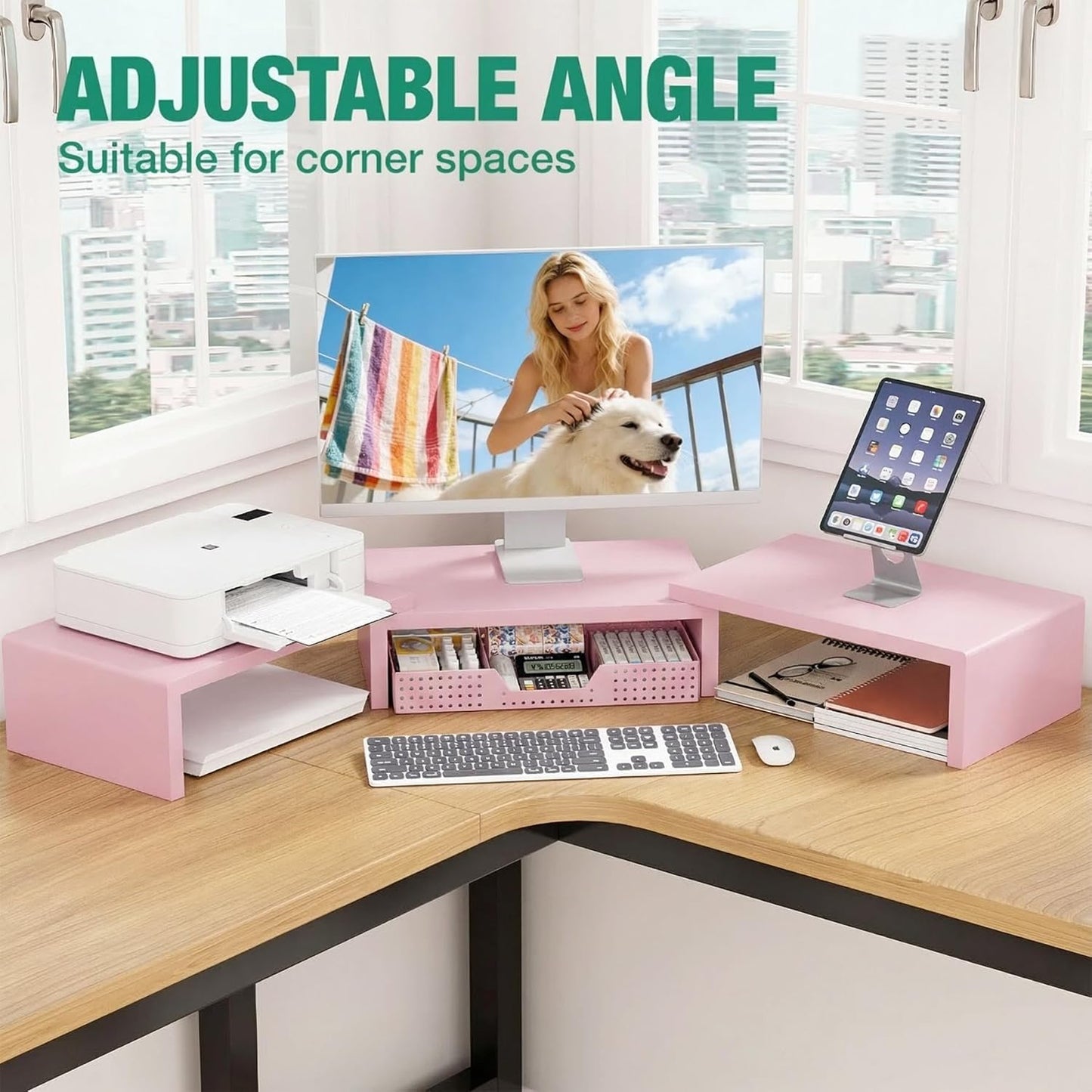 OPNICE Dual Monitor Stand Riser with Drawer and 2 Pen Holders, Desk Organizer for Office Supplies, Computer Monitor Stand for Desk, Workspace Desk Accessories for Home Office, Black