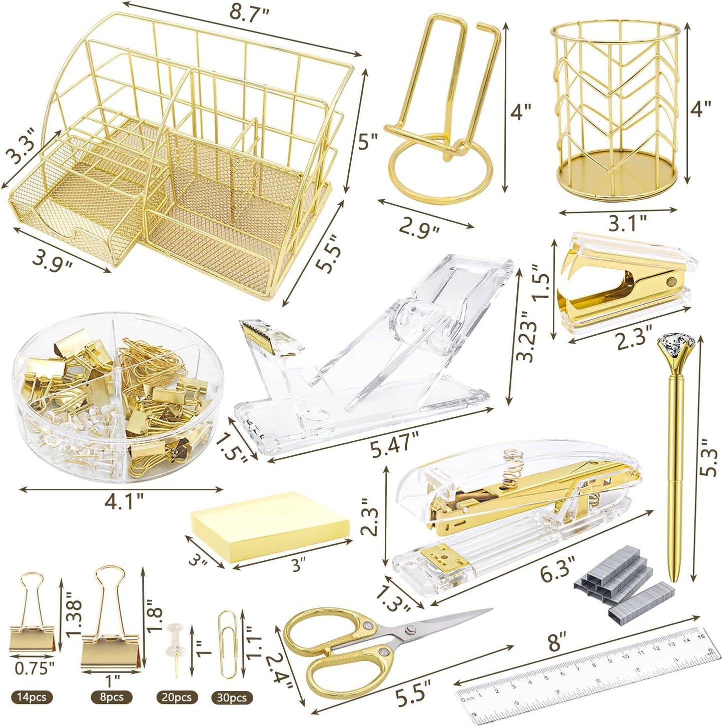 Gold Desk Organizers,Desk Accessories,Office Supplies Set,13PS Set with Acrylic Stapler,Tape Dispenser,Staple Remover,Pen Holder,Clips,Scissor, Phone Holder,Pen