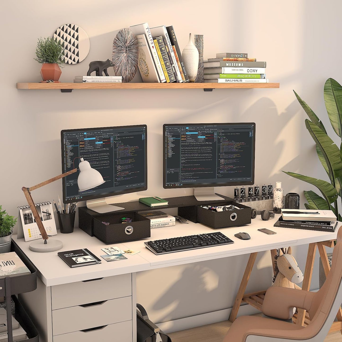 WESTREE Dual Monitor Stand Riser with Two Drawers, Extra Large Storage for 2 Monitors, Desktop Oraganizer Computer,Laptop,Screen,Printer,TV