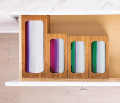Seville Classics Bamboo Premium Organizer Storage Bins for Kitchen Silverware, Pantry, Closet, Office Desk, Pens, Utensils, Makeup, K Cup, Bamboo, Bag Holder Bin Set (4 Piece)