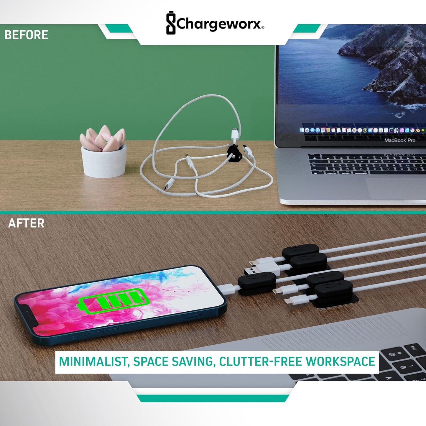 CHARGEWORX Pack of 5 Magnetic Cable Clips, Adhesive Cord Organizer for Desk, Nightstand, Wall or Car, Wire Holder for USB-C, Lightning and Micro-USB Cables