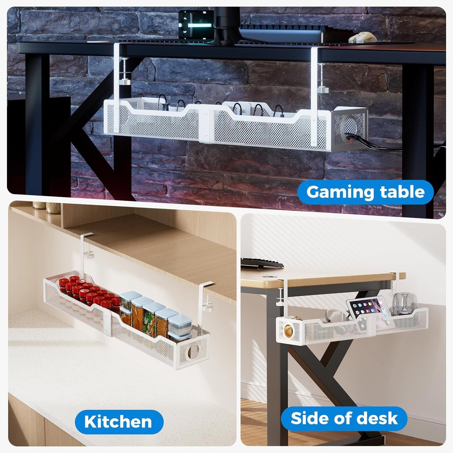 Under Desk Cable Management Tray White, Cinati Wire Organizers No Drill, Cable Tray with Clamp for Wire Management, Cord Organization Box for Office, Home - No Damage to Desk