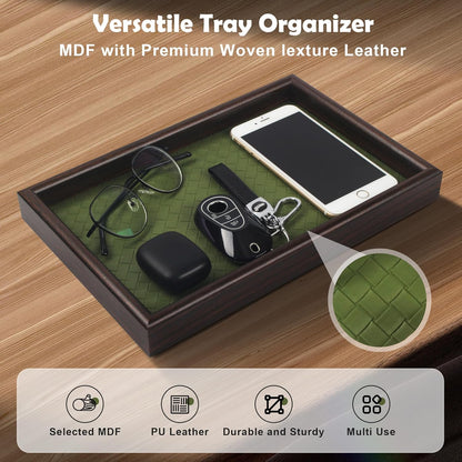 Zosenley Wooden Valet Tray with Leather Base - Nightstand Catchall Organizer for Cologne, Perfume, Keys, Wallet, Phone, Watch, Jewelry & Sunglasses (Black)