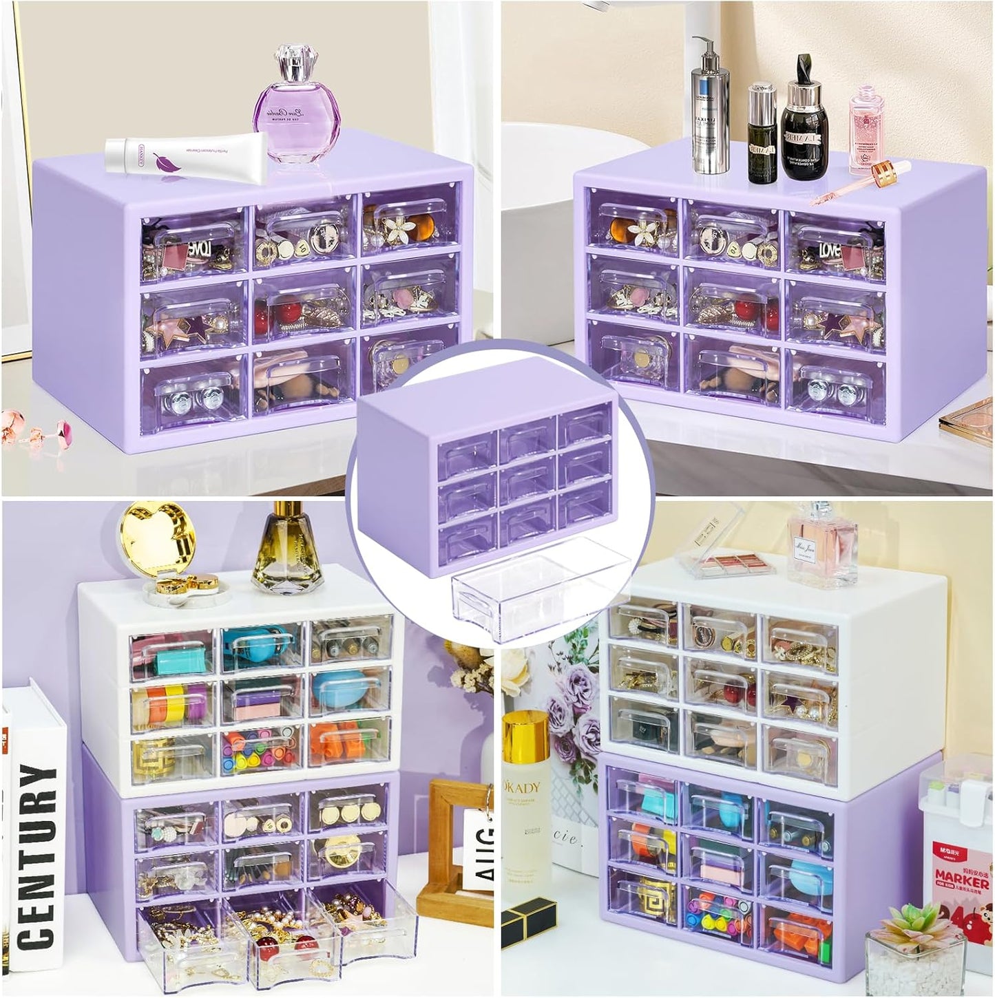 Desk Storage Organizer with 9 Drawers, MYKASEN Clear Plastic Storage Cabinet, Stackable Desk Storage Box for Makeup Office Craft Hardware Art Supplies, 9.8x6.3x5.9inch(White)
