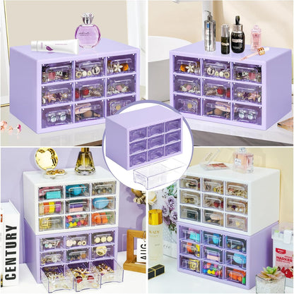 Desk Storage Organizer with 9 Drawers, MYKASEN Clear Plastic Storage Cabinet, Stackable Desk Storage Box for Makeup Office Craft Hardware Art Supplies, 9.8x6.3x5.9inch(White)