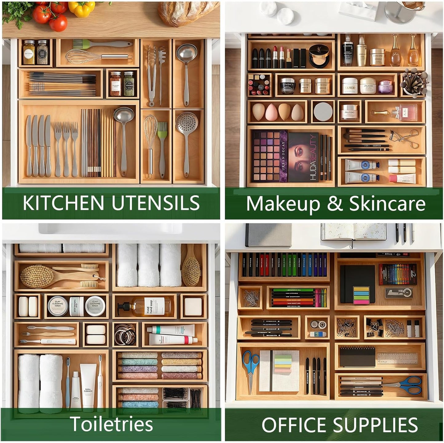 Bamboo Drawer Organizer 5 Pcs for Kitchen Multi-purpose Storage Dividers for Kitchen, Office, Jewelry, Cosmetics, Wooden Drawer Dividers for Drawer Organizer Desk Organizer Gift for Women Gifts Idea