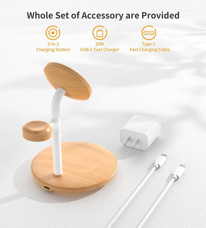 XooFly 3 in 1 Wireless Charging Station for Apple Devices, Fast Wireless Mag-Safe Charger Stand with 20W Adapter for iPhone 17 16 15 14 13 12 Pro Max/Air/Plus/Pro,iWatch,AirPods-Gift for Wife&Husband