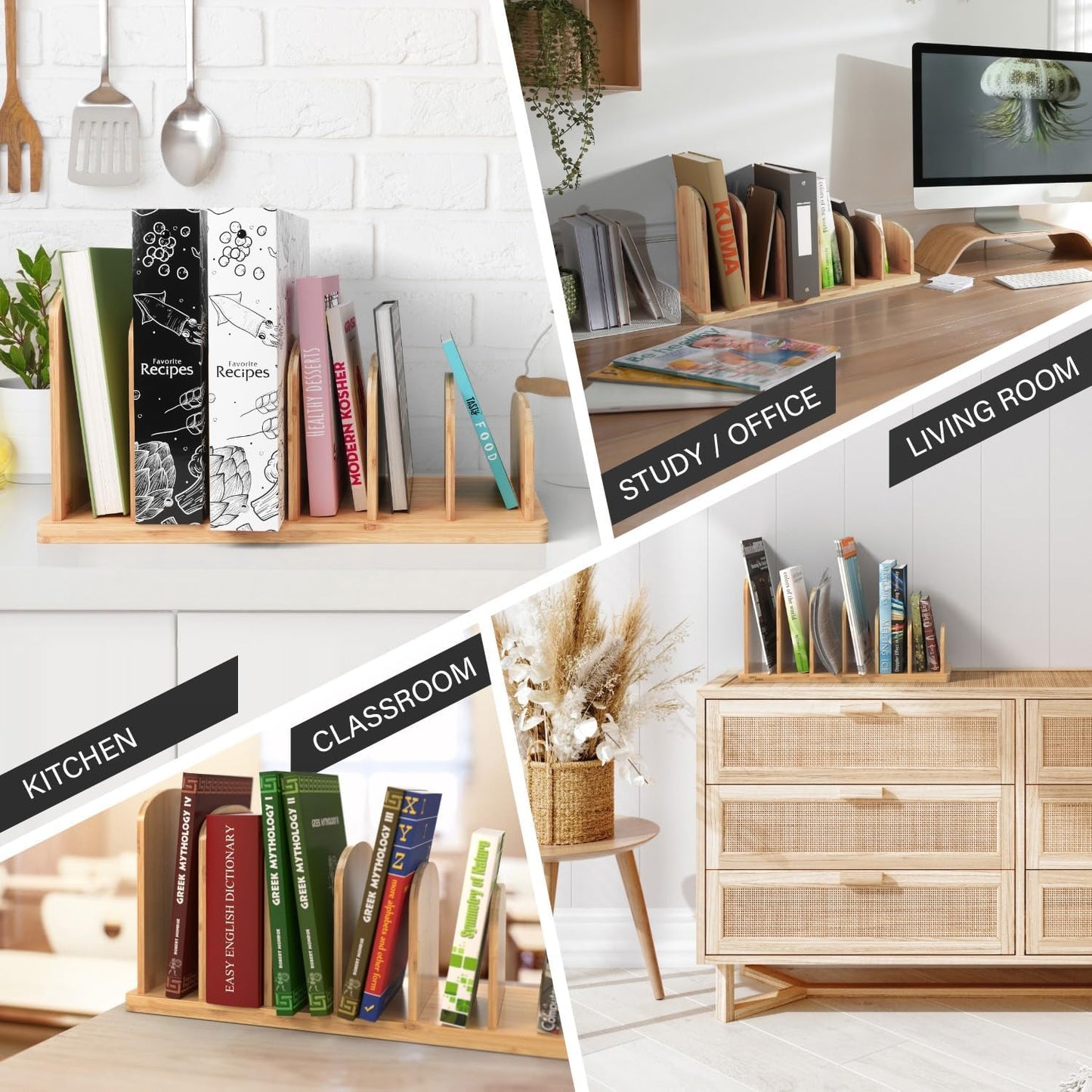 Cook Book Organizer, 4 Sections, Recipe Book Holder Rack, Tabletop Stand for Convenient Cookbook Storage, Vertical Cook Book Stand Kitchen, Binder Holder for Desk & Countertop (Bamboo)