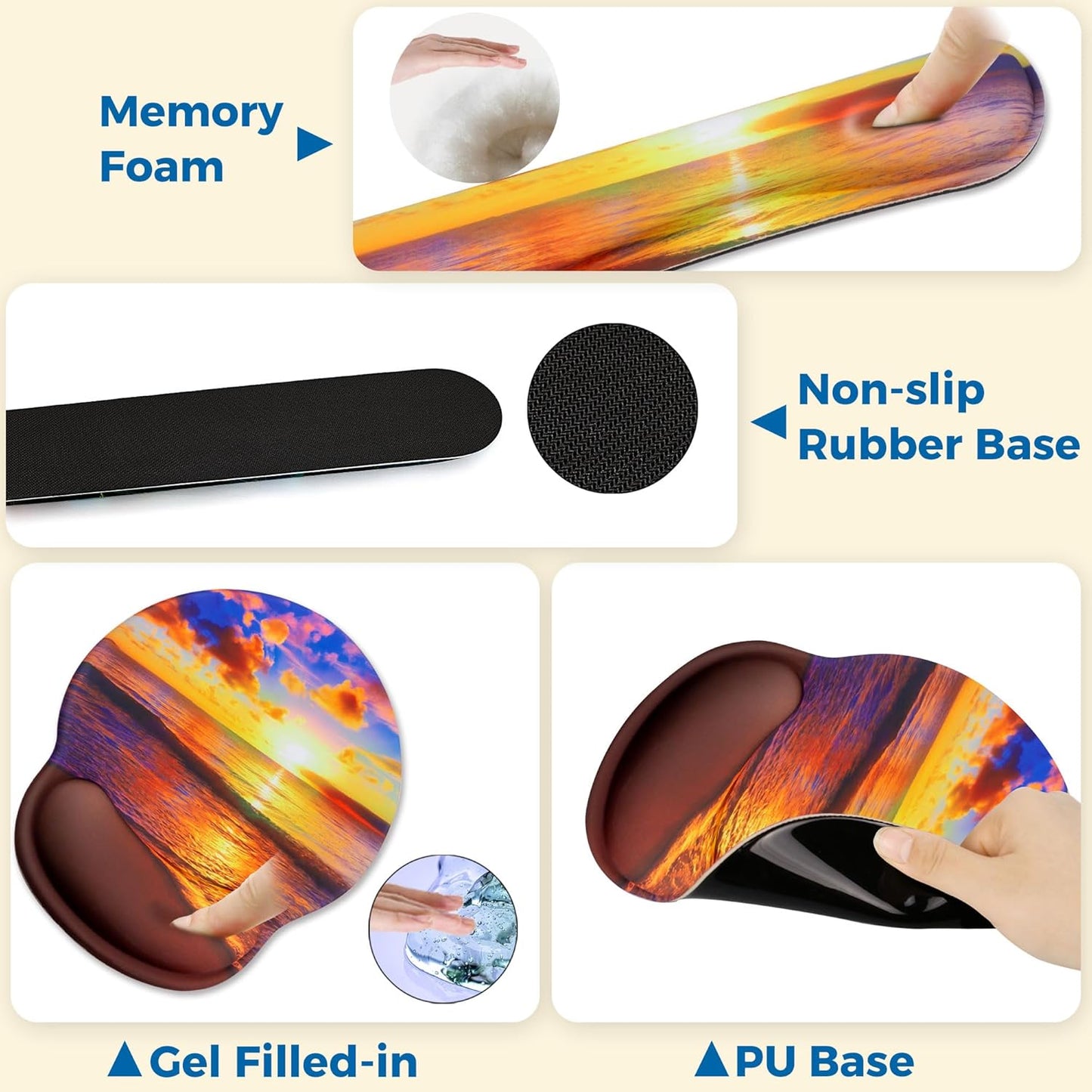 Mouse Pad and Keyboard Wrist Rest Support, with Non-Slip PU Base,Gel Mouse Pad with Coaster,Pain Relief for Gaming, Computer,Office -Beach