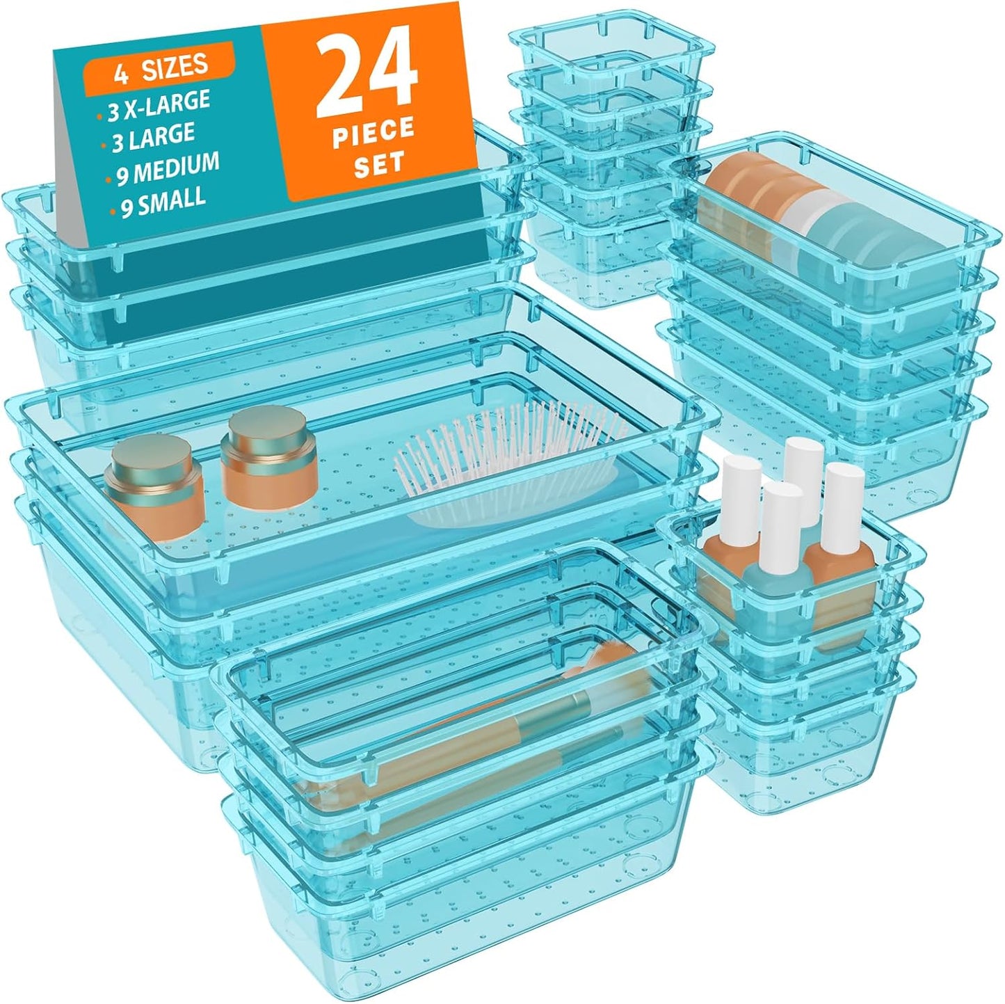 WOWBOX 32 PCS Clear Plastic Drawer Organizer Set, 4 Sizes Desk Drawer Organization and Storage Containers for Makeup, Cosmetics, Jewelry and Gadgets in Kitchen, Bathroom, Bedroom, Office, Clear Black