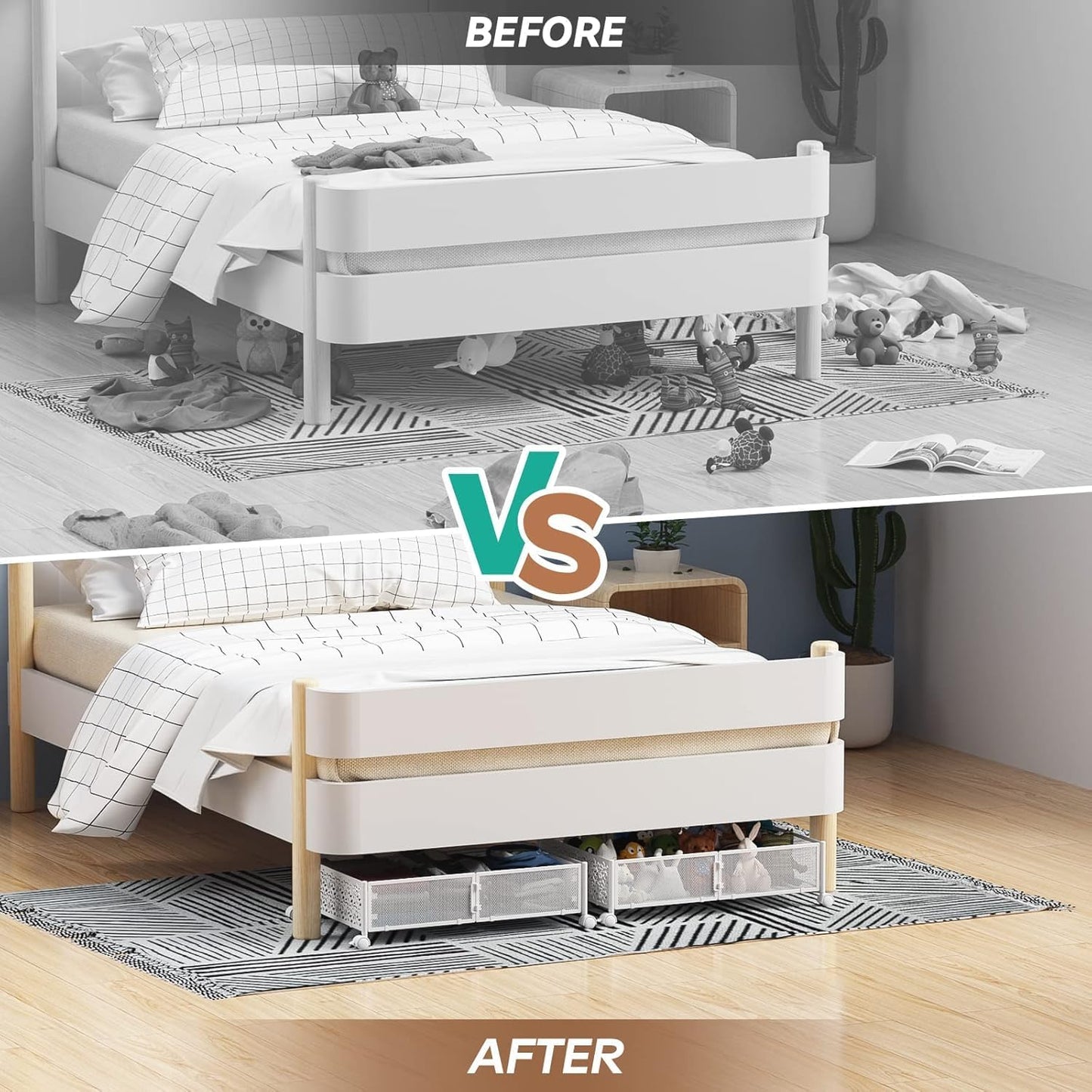 PHINOX Under Bed Storage Containers with Wheels, Under Bed Shoe Storage Organizer Drawer, Tool-free Assembly Metal Storage Containers for Bedroom Clothes Shoes Blankets -2PCK