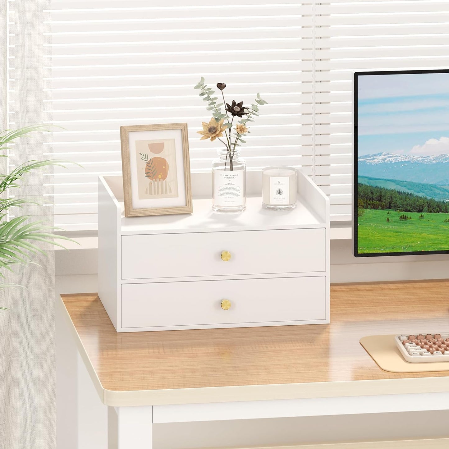 Bamboo Desk Organizer - Stackable, No Assembly Required, Ideal for Office/Home Use - Perfect for Toiletries, Stationery, Accessories. (White, Fence three Desk Organizer)