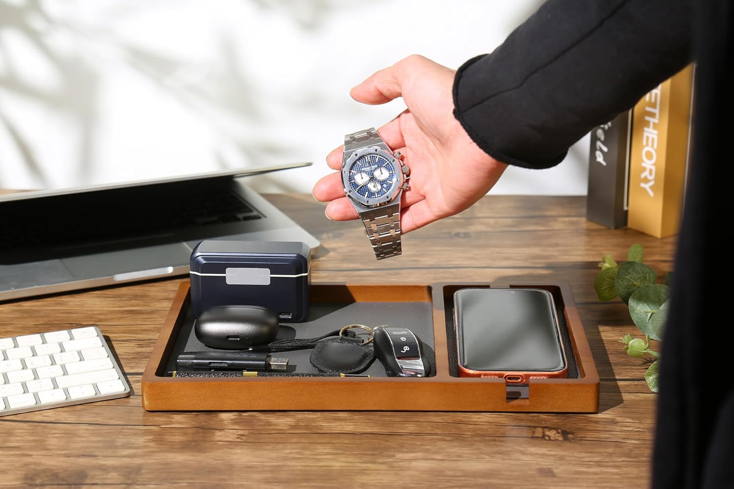 Shinpuru Wooden Valet Tray for Men, Nightstand Organizer with Leather Inlay, EDC Essentials Catchall Tray for Keys, Phone, Wallet, Watch, Earbuds - Bedside Desk Entryway Tray (Wood)