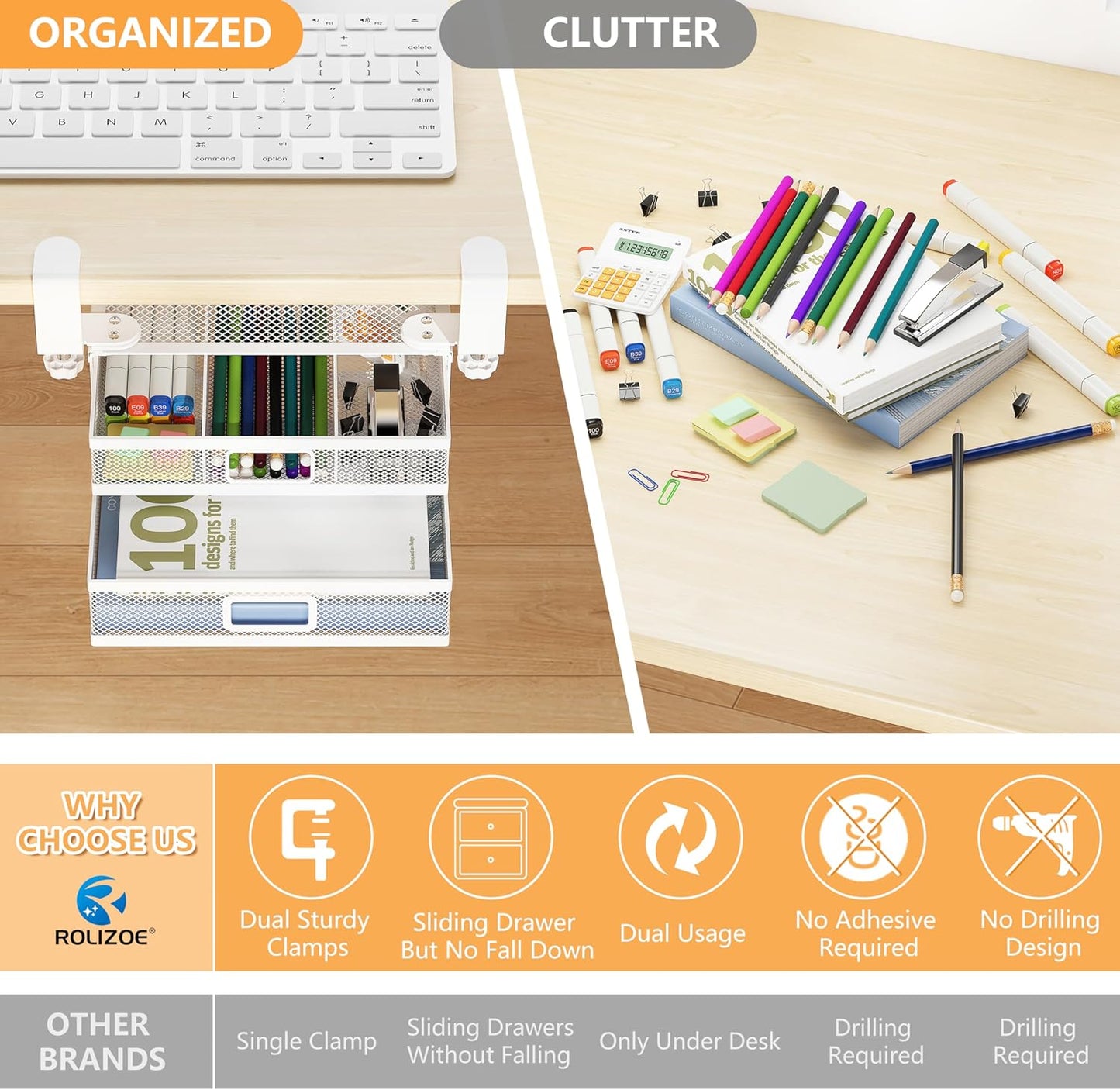 Sliding Under Desk Drawer Organizer No Drilling 2 Drawers Slide Out Desktop Or Under Table Storage Metal Clamp On Desk Drawer Attachment Anti-Slip Desktop Organizer for Home & Office, White