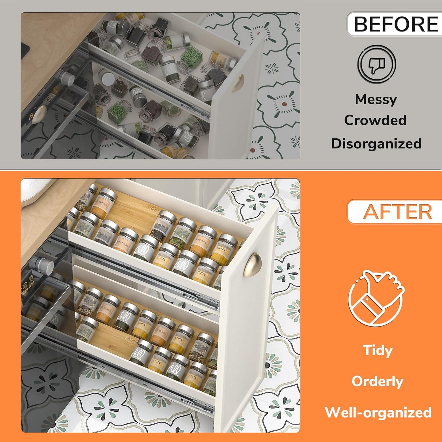 AMBIRD Spice Drawer Organizer, 4 Tier-2 Set Clear Spice Rack Tray Expandable From 11'' to 22'', Seasoning Organizer with non-slip tape for Kitchen, Cabinet, Drawers, Countertop(JARS NOT INCLUDED)