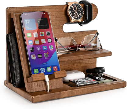 TESLYAR Wood Phone Docking Station for Men - Desktop or Nightstand Organizer - Birthday Gifts for Men, Dad - Anniversary Idea from Wife - Key Holder, Stand Wallet, Watch & Essentials (Granite Black)