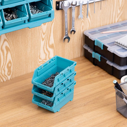 Navaris Storage Bins - Interlocking Plastic Van Boxes - Wall Mounted Compartments for Screws Nails Small Tool Parts - Workshop Garage Drawer Shed Organiser - 12 Bins & 3 Rails