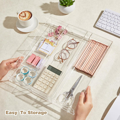 Briwooody 1 Pcs Acrylic Desk Drawer Organizer 9'' up to 16'' x 12'' x 2.2'' Expandable Drawer Organizer Trays with 10 Adjustable Compartments Clear Desk Accessories for Makeup Office Bathroom