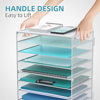 DALTACK 9-Tier Paper Organizer for Desk, Mesh Letter Tray Desk Organizer with Handles, Space-Saving File Organizer for Office Home School Classroom, Black