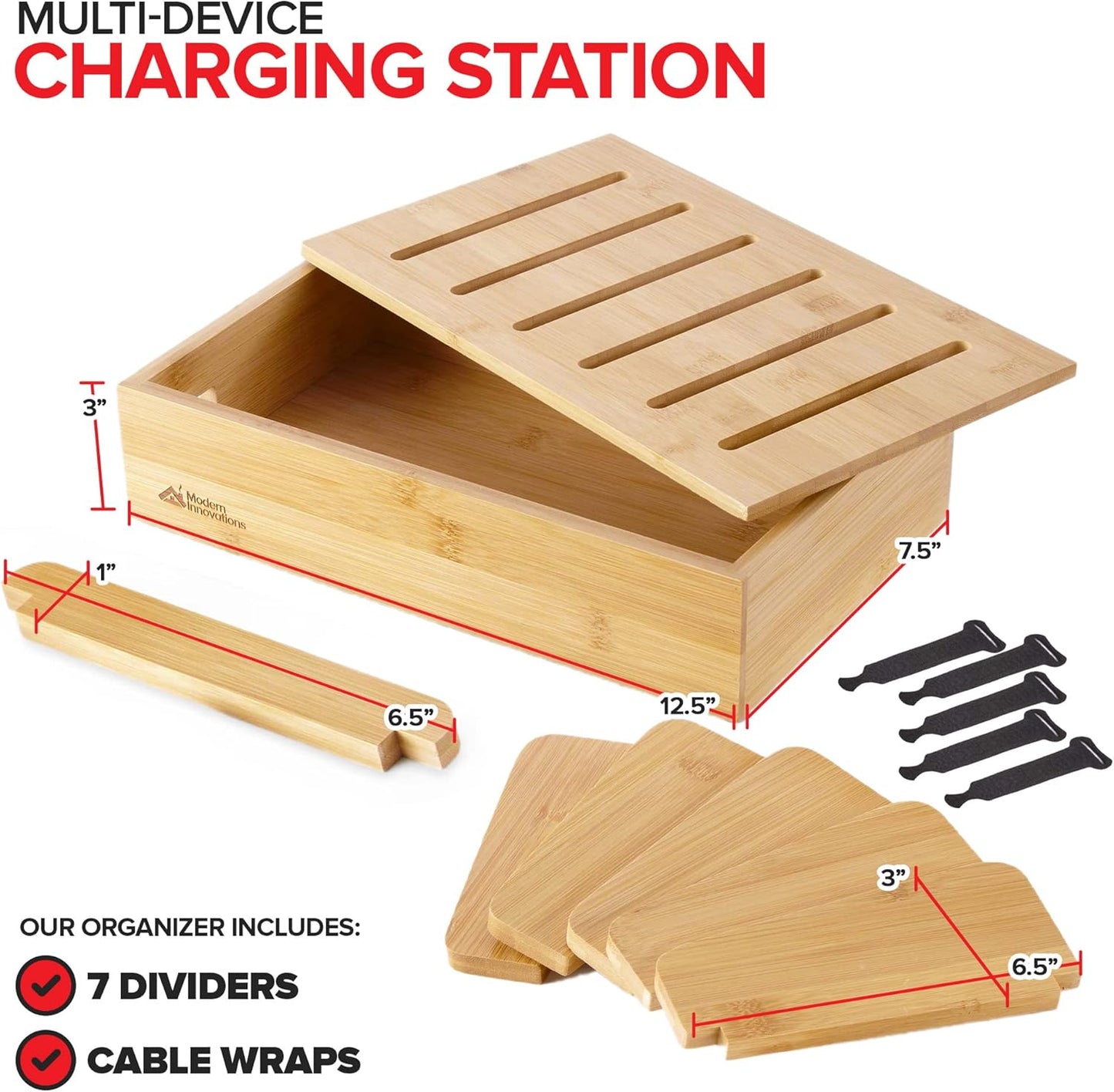 Modern Innovations Bamboo Charging Station for Multiple Devices (White) Wood Device Organizer, Desk Docking Stand for Cell-Phone Charger, Compatible with Apple, Android, iPad, iPhone, Tablet, Laptop