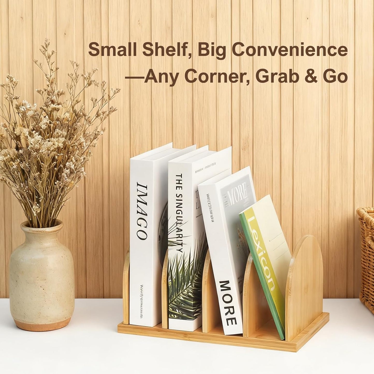 Cookbook Organizer, Wooden Countertop Bookshelf, Space-Saving Recipe Book Storage Holder, Small Desktop Display Rack for Kitchen, Pantry, Home Office Counter Decor