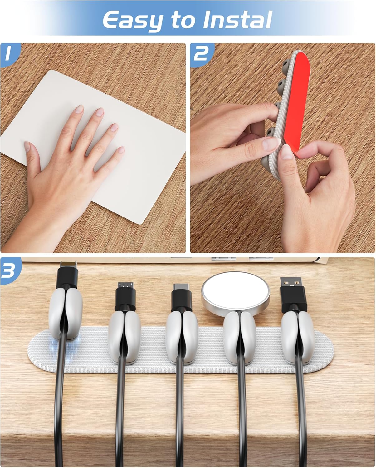 5-Pack Magnetic Cable Clips Cord Organizer - Smoothly Adjustable, Puretor Desk Cable Management Clips. Ideal Wire Holders for Desktop, Nightstand, Wall - Perfect for Home Office, Phone, Car (Black)