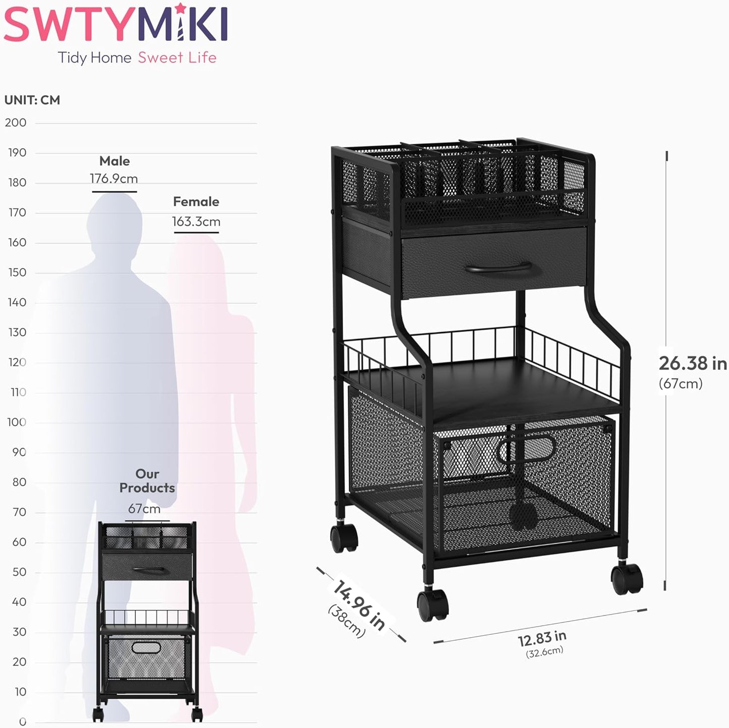 SWTYMIKI Rolling Under Desk Storage - Storage Cart with Drawers & DIY Divider - Art Cart Organizer on Wheels - Craft Rolling Utility Cart for Office, Craft Room & Studio Espresso