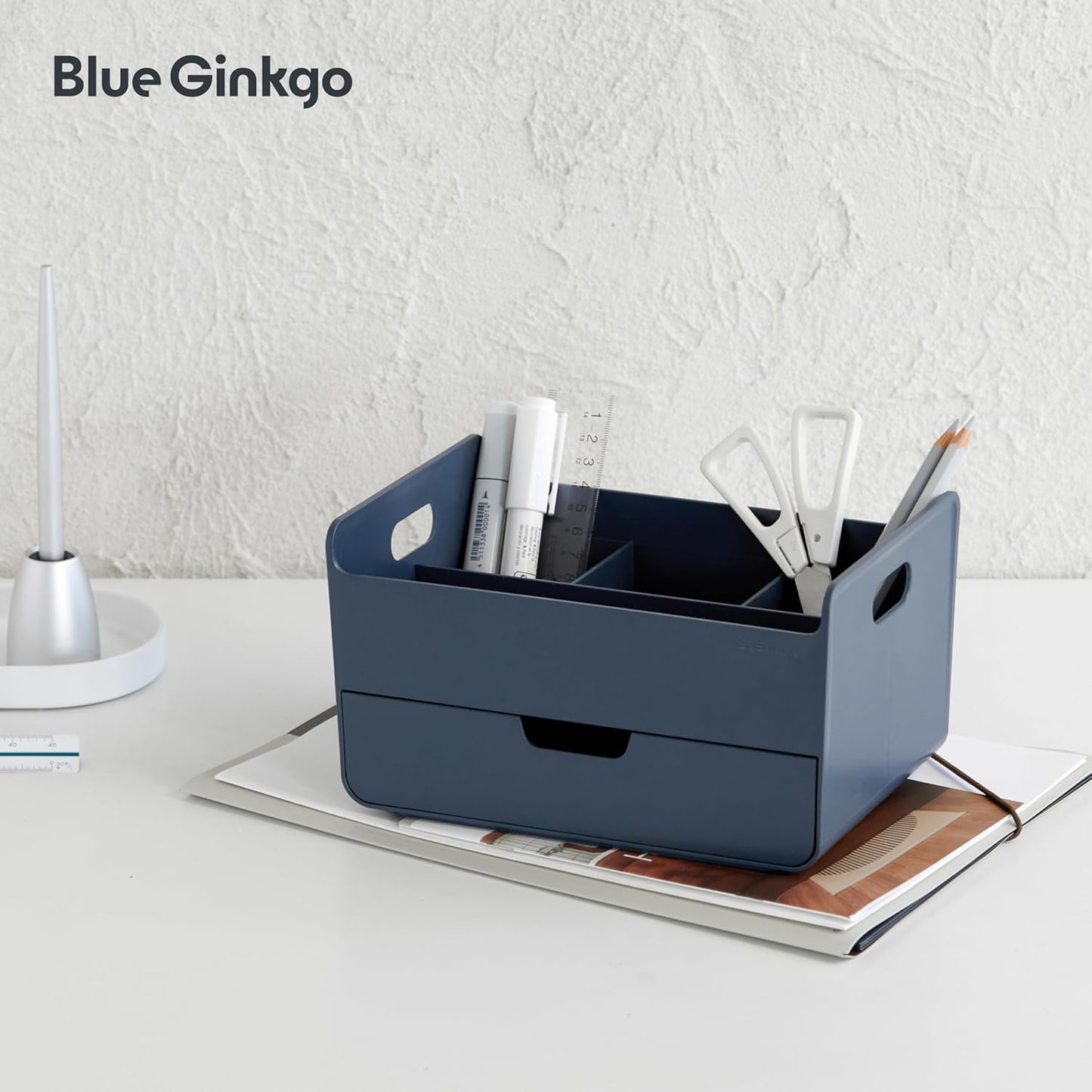BLUE GINKGO Compact Desk Organizer – Small 5-Compartment, Half Drawer Storage – Pen Holder, Stationery Organizer for Desktop, Vanity, Shelf (Made in Korea, Green)
