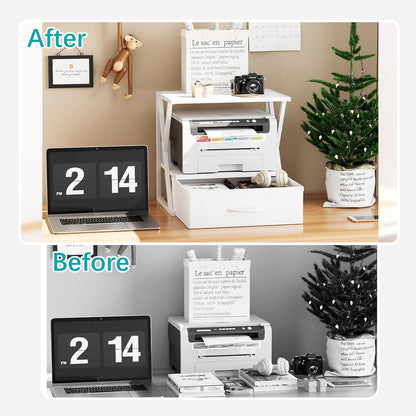 aboxoo Printer Stand for Desk with Storage Drawer, 2 Tier Desktop Or UnderDesk Shelf, Multi-Purpose Desk Organizer for Home Office, fit Fax Machine/3D Printer/Scanner, Rustic Brown