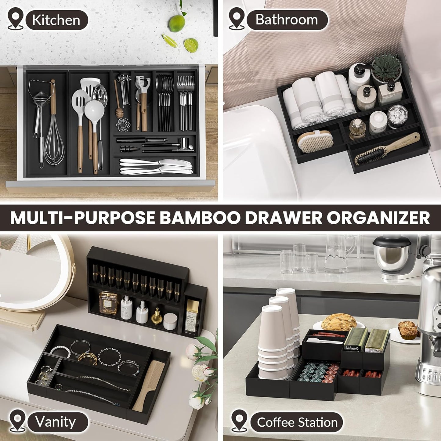 Kitchen Drawer Organizer Bins, Stackable Bamboo Drawer Organizer for Silverware, Flatware, Coffee Pod Organizer K Cup Holder for Countertop, 2 Pcs Coffee Station Organizer 12" x 6" x 2.5"