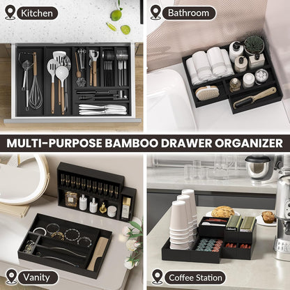 Kitchen Drawer Organizer Bins, Stackable Bamboo Drawer Organizer for Silverware, Flatware, Coffee Pod Organizer K Cup Holder for Countertop, 2 Pcs Coffee Station Organizer 12" x 6" x 2.5"