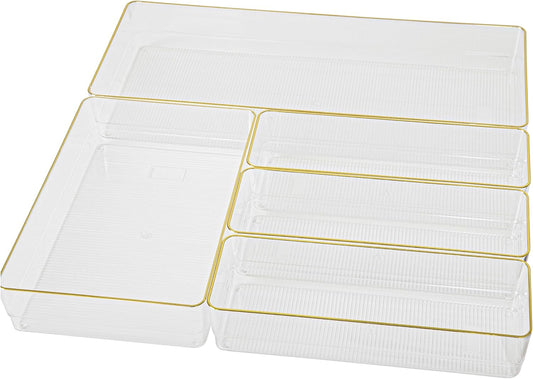 Martha Stewart Kerry Plastic Stackable Office Desk Drawer Organizers, Set of 8, with Gold Trim