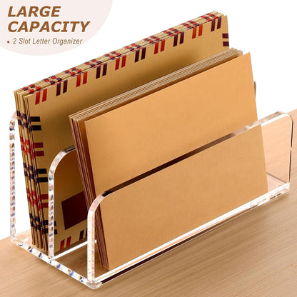 SANRUI 5 Compartments Acrylic Mail Sorter Holder, Clear Document Magazine Envelope File Rack, Vertical Letter Sorter & Multifunction Desk Organizer for Bills, Documents, Notebooks