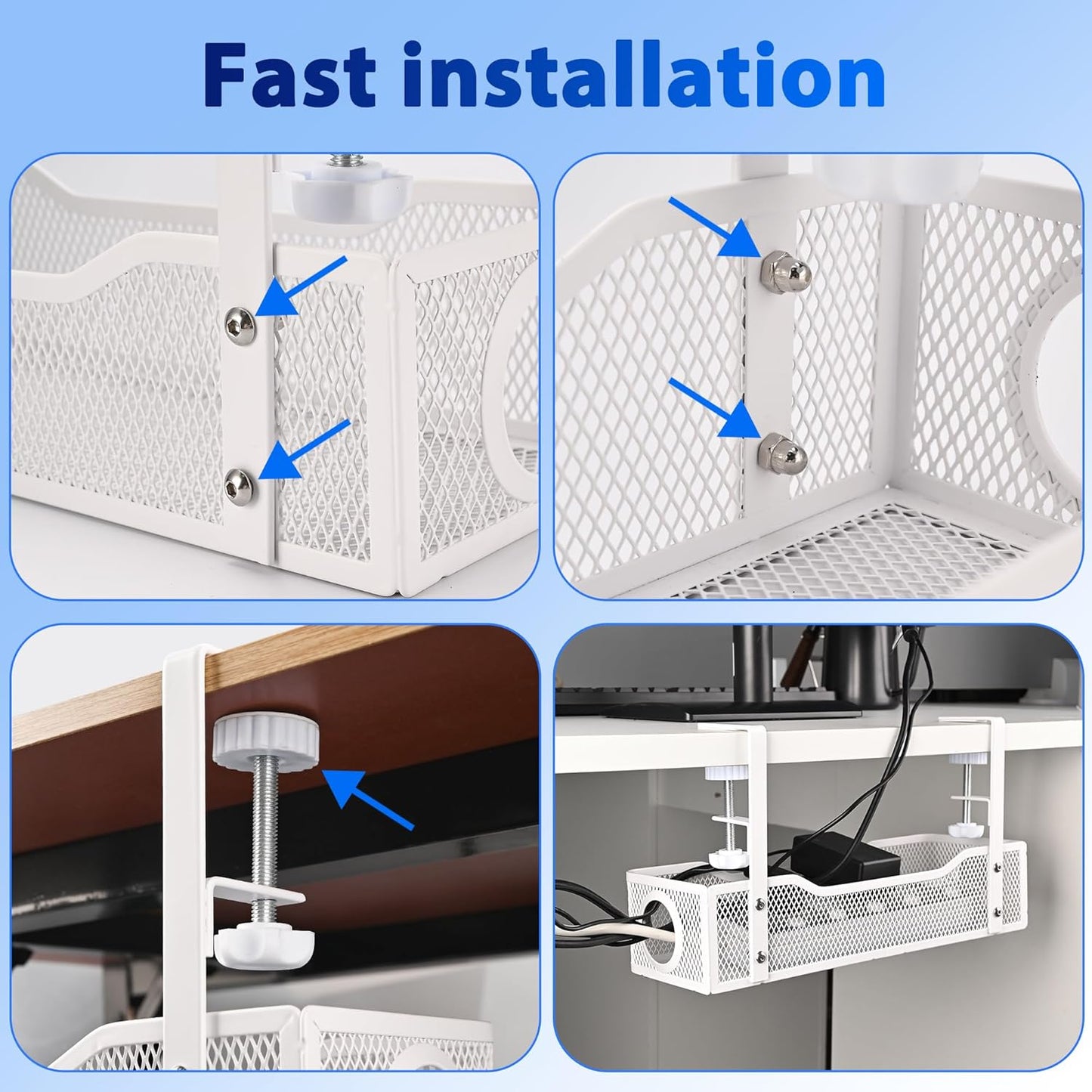 Under Desk Cable Management Box 25.3 Inch – Clamp-Mounted Cable Organizer Tray, Large Cord Management Box for Office & Home, Wire Organizer Under Desk Storage, White