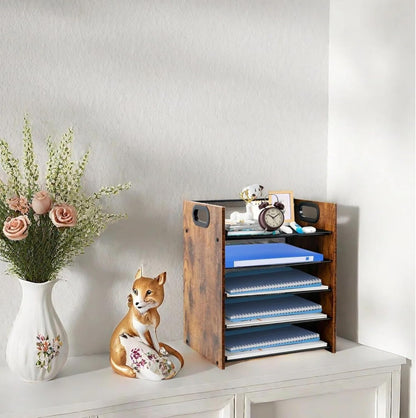 Wood Desk Organizer - 3-Tier Desktop File Organizer with Drawer, Wooden Paper Tray, Office Desk Organzier and Accessories for Papers, Mail, Notebooks, Stationery