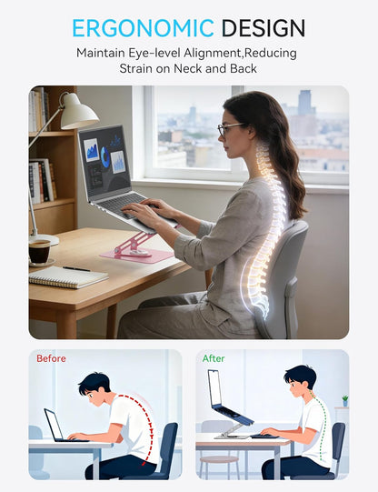 SOUNDANCE 360 Rotating Laptop Stand, Ergonomic Computer Riser for Desk, Adjustable Height Multi-Angle Metal Holder, Foldable Portable Notebook Elevating Base for Office & Home, Silver Grey