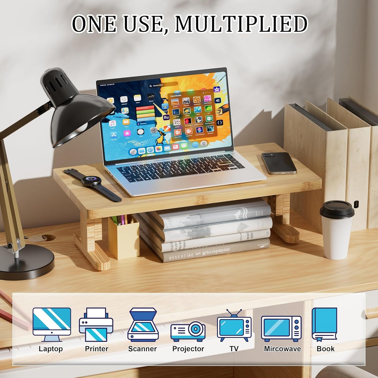 Bamboo Monitor Stand Riser for Desk, Height Adjustable Computer Riser & Laptop Stand, Ergonomic Desktop Organizer Shelf W/ Underneath Storage, Sturdy 100 lbs Capacity for Printer/TV/Home Office