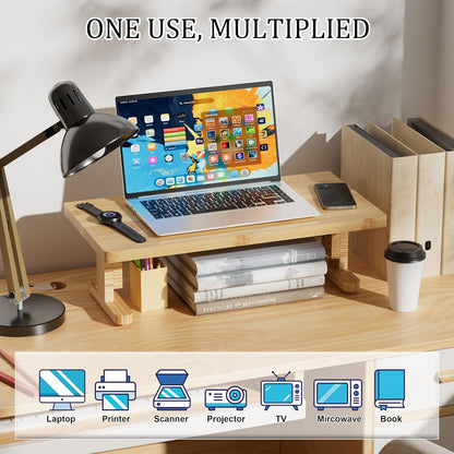 Bamboo Monitor Stand Riser for Desk, Height Adjustable Computer Riser & Laptop Stand, Ergonomic Desktop Organizer Shelf W/ Underneath Storage, Sturdy 100 lbs Capacity for Printer/TV/Home Office
