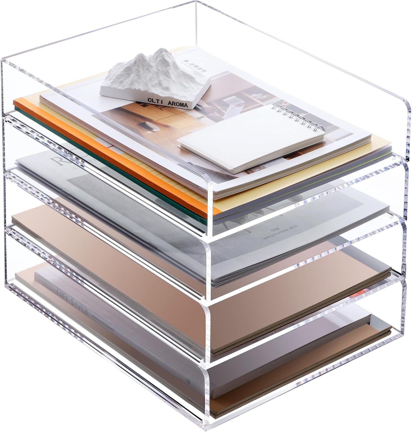 SANRUI 4-Tier Acrylic Stackable Desk Organizer Trays – Clear Vertical Paper Tray for A4/Letter Files, Folders & Office Supplies – Modular Desktop Storage Shelf, Workspace & Home Organization