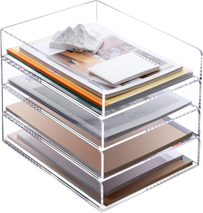 SANRUI 4-Tier Acrylic Stackable Desk Organizer Trays – Clear Vertical Paper Tray for A4/Letter Files, Folders & Office Supplies – Modular Desktop Storage Shelf, Workspace & Home Organization