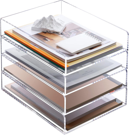 SANRUI 4-Tier Acrylic Stackable Desk Organizer Trays – Clear Vertical Paper Tray for A4/Letter Files, Folders & Office Supplies – Modular Desktop Storage Shelf, Workspace & Home Organization