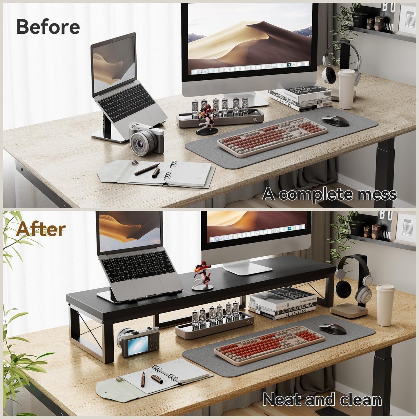 IBUYKE Large Dual Monitor Stand Riser for 2 Monitors, Wooden Desktop Computer Monitor Stand Storage Shelf and Steel Legs,Dual Screen Office Desk,Monitor Riser for Computer, Printer,Laptop,TV,Black UTDJ002B
