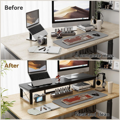 IBUYKE Large Dual Monitor Stand Riser for 2 Monitors, Wooden Desktop Computer Monitor Stand Storage Shelf and Steel Legs,Dual Screen Office Desk,Monitor Riser for Computer, Printer,Laptop,TV,Black UTDJ002B