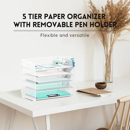 SUPEASY 5 Tier Desk Organizer with Handle & Removable Pen Holders, Mesh Paper/File Organizer for Desk, Paper Letter Tray Organizer for Office Supplies (Black)
