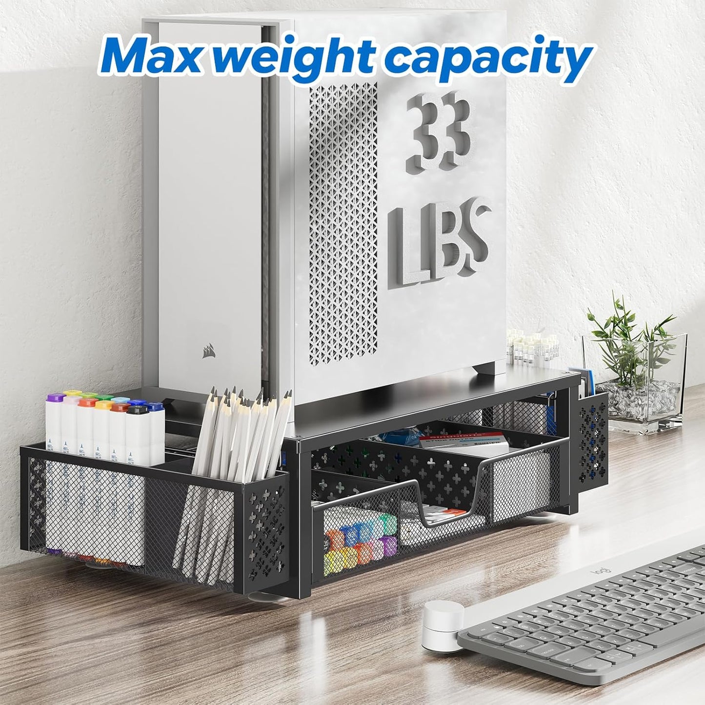 Simple Trending Desk Organizer and Accessories, Computer Metal Monitor Stand Riser with Drawer and Pen Holder for Laptop, Computer, iMac, Black