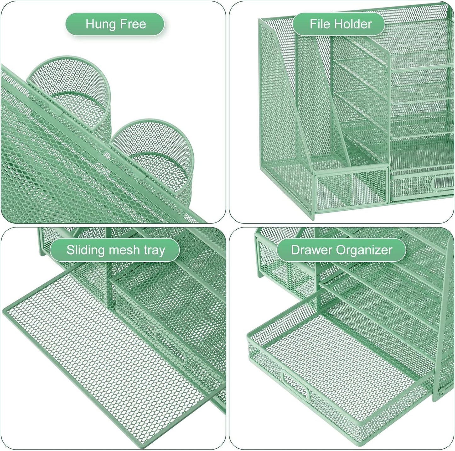 Marbrasse Desk Organizer with File Holder, 5-Tier Paper Letter Tray Organizer with Drawer and 2 Pen Holder, Mesh Desktop Organizer and Storage with Magazine Holder for Office Supplies(Black)