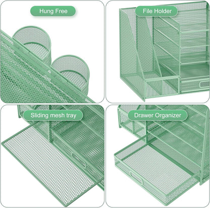 Marbrasse Desk Organizer with File Holder, 5-Tier Paper Letter Tray Organizer with Drawer and 2 Pen Holder, Mesh Desktop Organizer and Storage with Magazine Holder for Office Supplies(Black)
