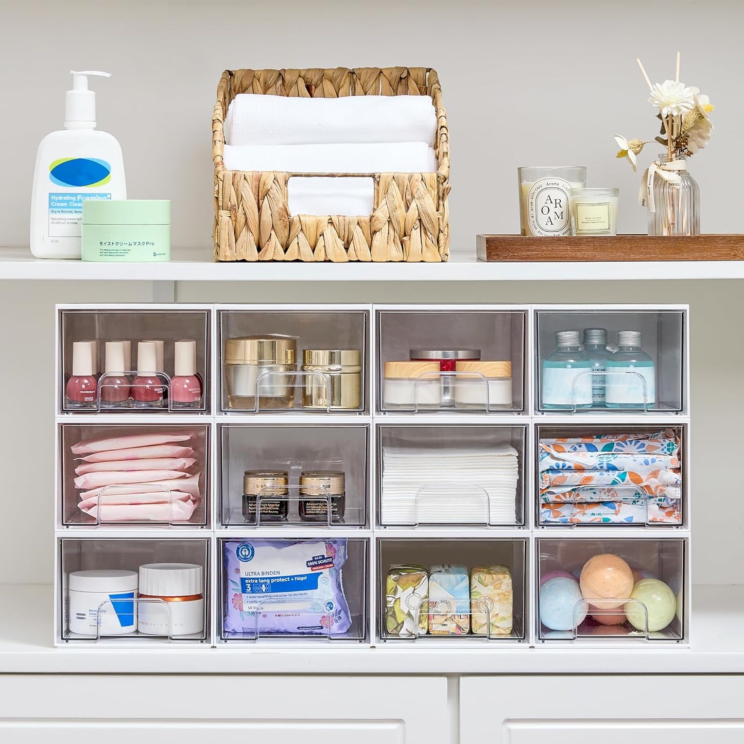 Vtopmart 4 Pack Small Clear Stackable Storage Drawers,Acrylic Bathroom Makeup Organizer,Plastic Storage Bins For Vanity, Undersink, Kitchen Cabinets, Pantry, Home Organization