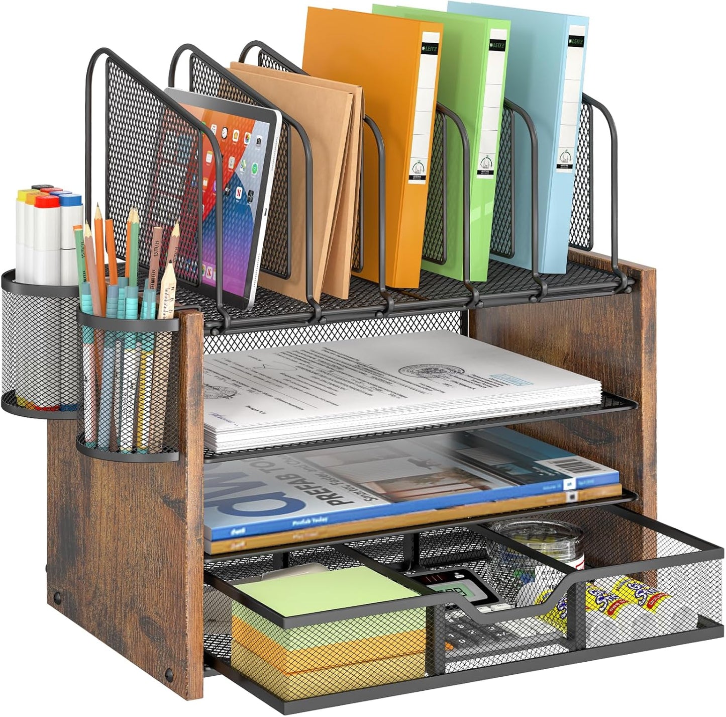 4-Tier Desk Organizer, Desk File Organizer with 5 Vertical File Holders, Office Desktop Organizer with 3 Level Paper Organizer Letter Tray, Wooden Desk Organizers and Accessories for Home Office